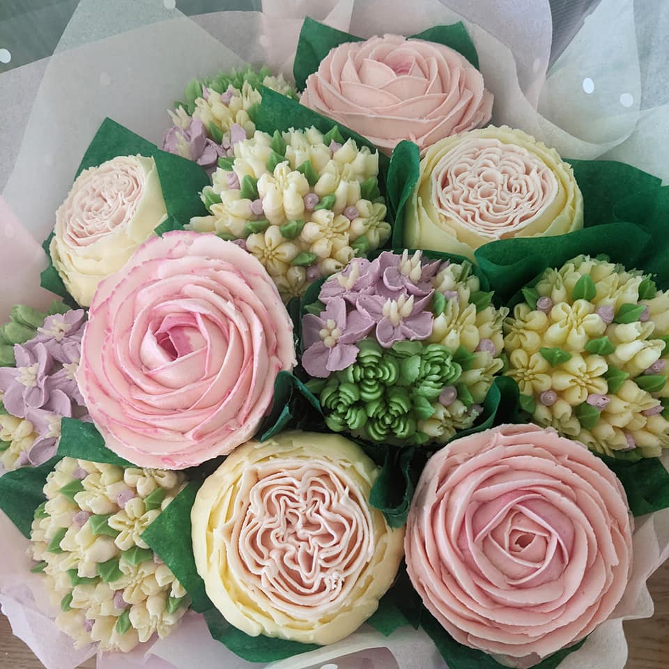 Pastel Pink Roses with Mixed Cream Flowers Cupcake Bouquet
